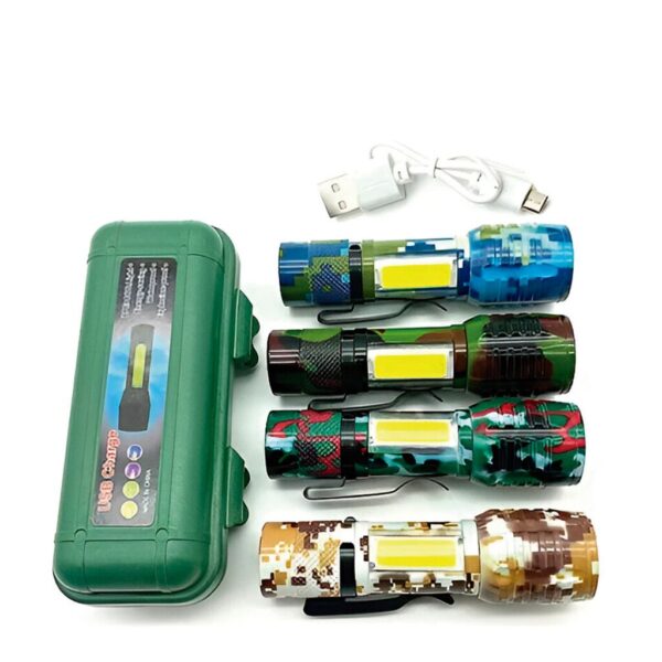Linterna Tactica LED Metal Camuflada con Zoom y Estuche -- Recargable Linterna Tactica LED Metal Camuflada con Zoom y Estuche -- Recargable