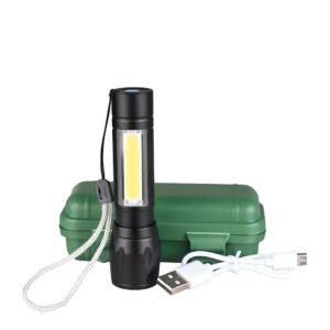 Linterna Tactica LED Negra con Zoom y Estuche -- Recargable