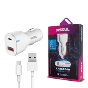 Cargador Auto Ultra Rapido 20W 1USB QC + 1PD3.0 + Cable Tipo C SOUL