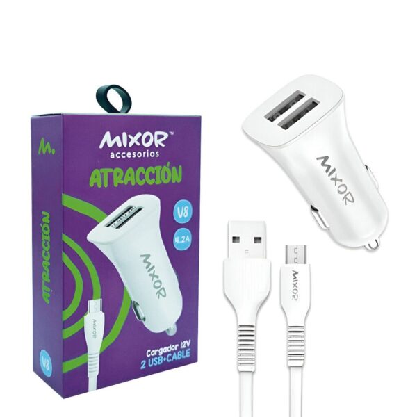 Cabezal 12V 4.2A 2 USB + Cable V8 - Marca MIXOR Cabezal 12V 4.2A 2 USB + Cable V8 - Marca MIXOR