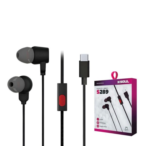 Manos Libres S289 Tipo ''C'' Negro Sonido Nitido Marca SOUL --