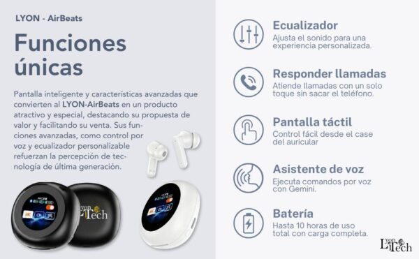 Earbuds Bluetooth C/ Base Pantalla - ANC - Comandos IA- LYONiTECH Earbuds Bluetooth C/ Base Pantalla - ANC - Comandos IA- LYONiTECH