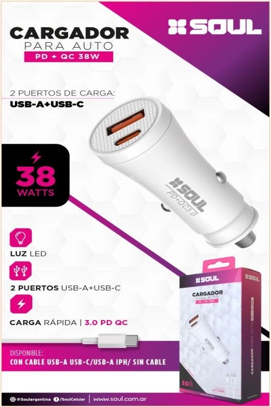 Cargador De Auto Pd+qc 38w Type-c A Lightning