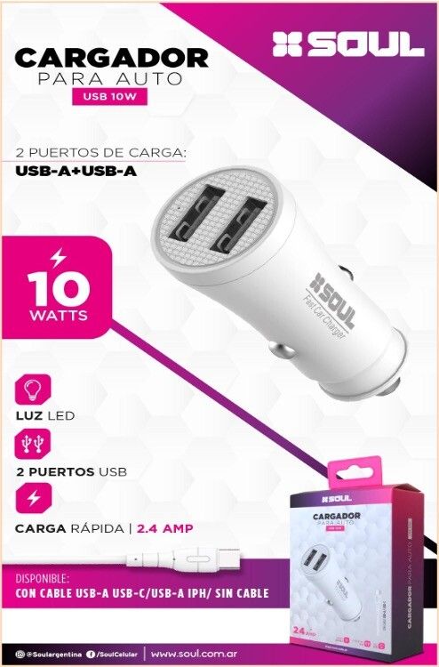 Cargador De Auto Dual Usb 2.4a 10w Type-c