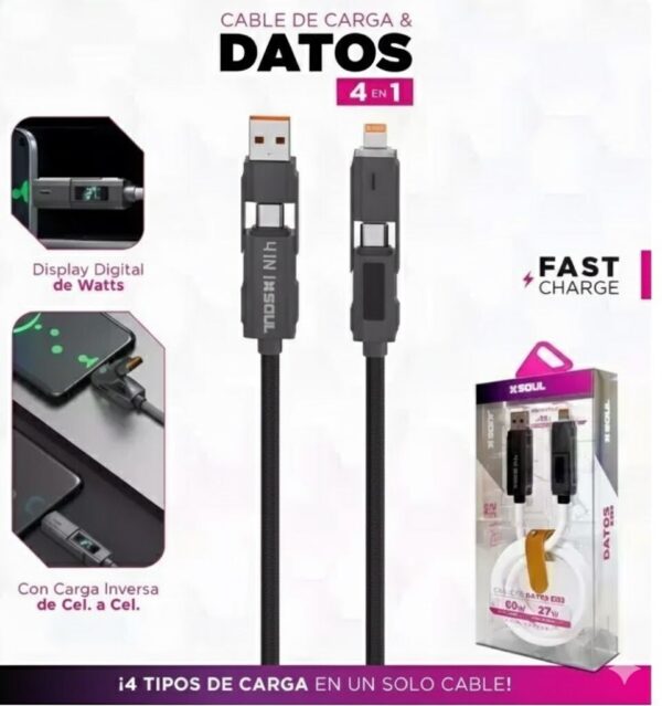 Cable USB 4EN1 60W C/ Display Blanco Marca SOUL --
